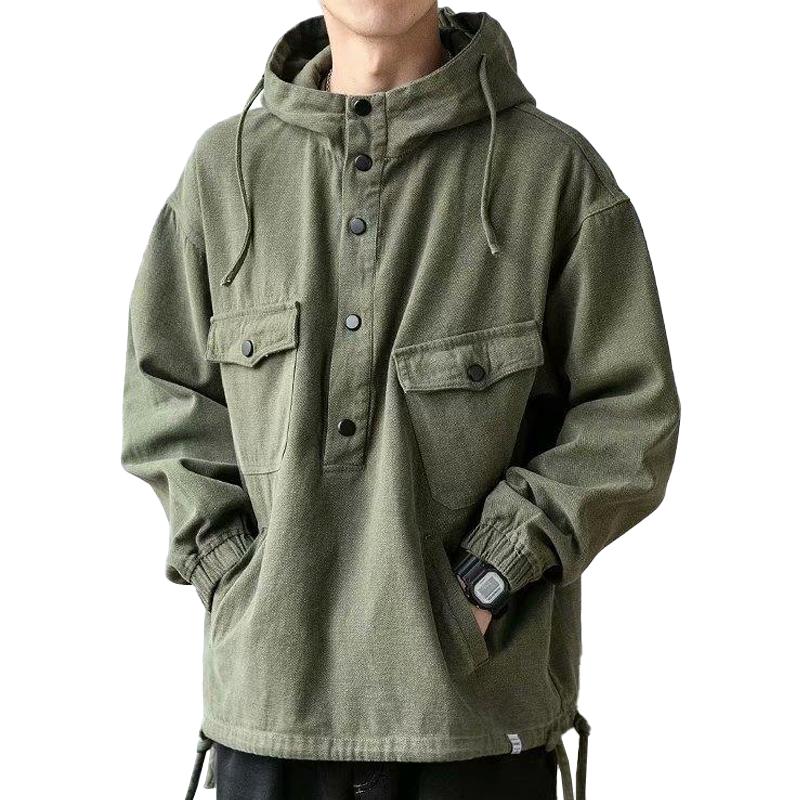 Men's Multi-pocket Solid Color Loose Casual Hoodie